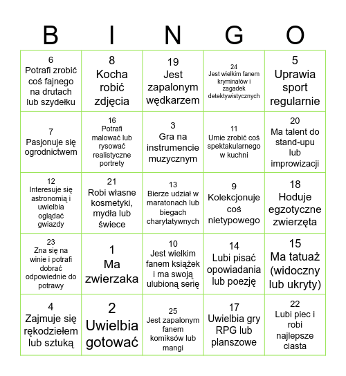 zainteresowania Bingo Card