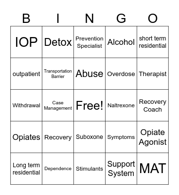Substance Abuse Bingo Card