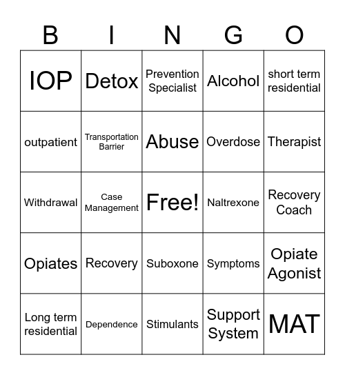 Substance Abuse Bingo Card
