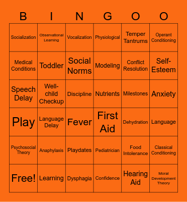 RWP Unit 4: Toddler Care and Development Bingo Card