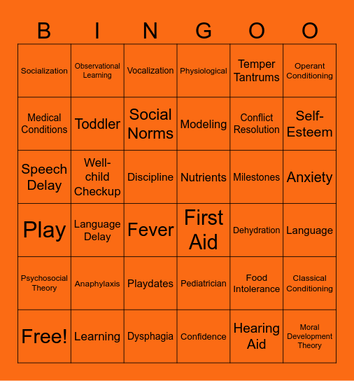 RWP Unit 4: Toddler Care and Development Bingo Card