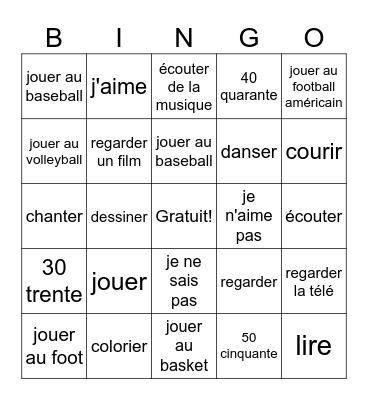 Les activités Bingo Card