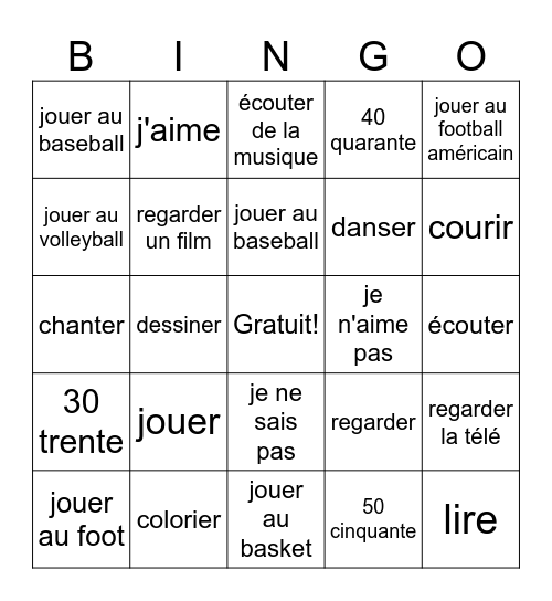 Les activités Bingo Card