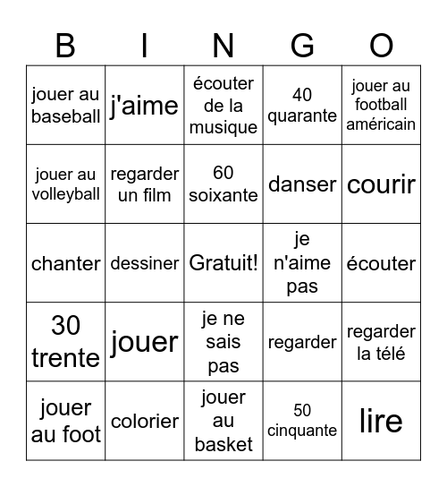 Les activités Bingo Card