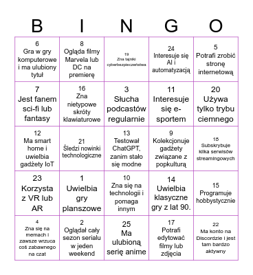 Technologia i rozrywka Bingo Card