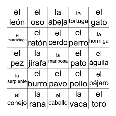 Los Animales Bingo Card