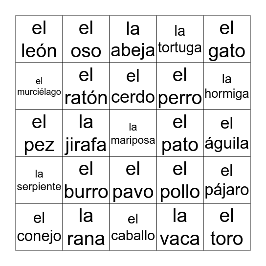 Los Animales Bingo Card