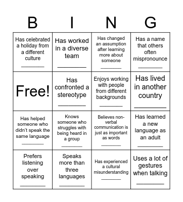 Get to know each Other! Bingo Card