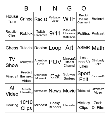 Youtube Short Challenge Bingo Card