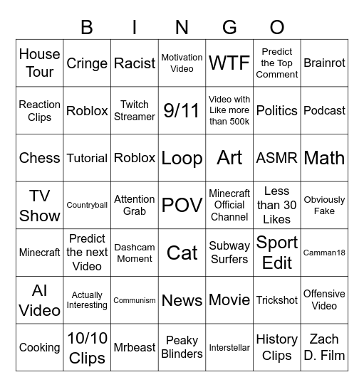 Youtube Short Challenge Bingo Card
