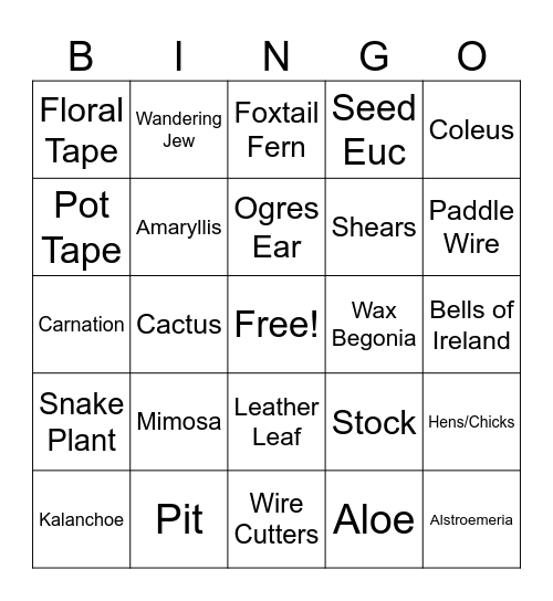 Floriculture Bingo Card