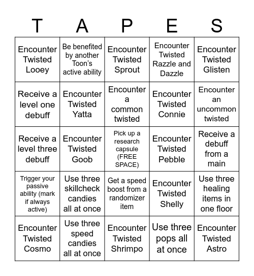 Dandy’s World Bingo Card