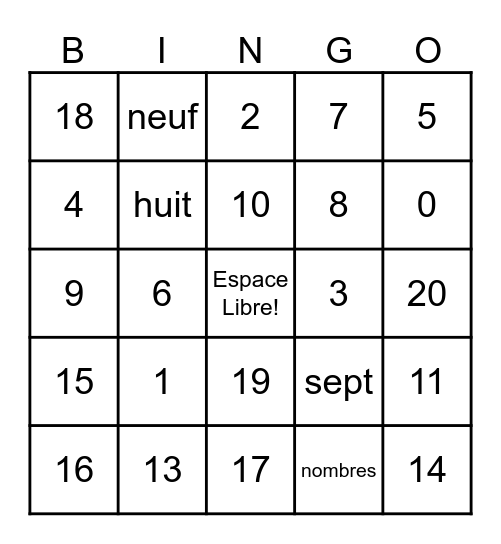French Number Bingo Card