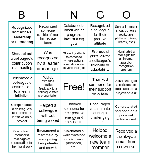 Recognition Bingo Card