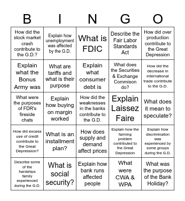 Great Depression Bingo Review Bingo Card