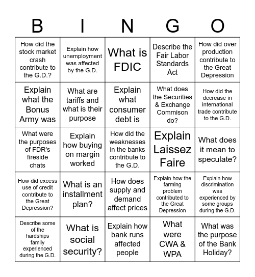 Great Depression Bingo Review Bingo Card