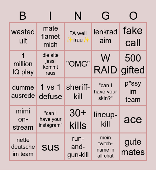Valorant Stream Bingo Card