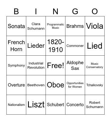 Romantic Period Bingo Card