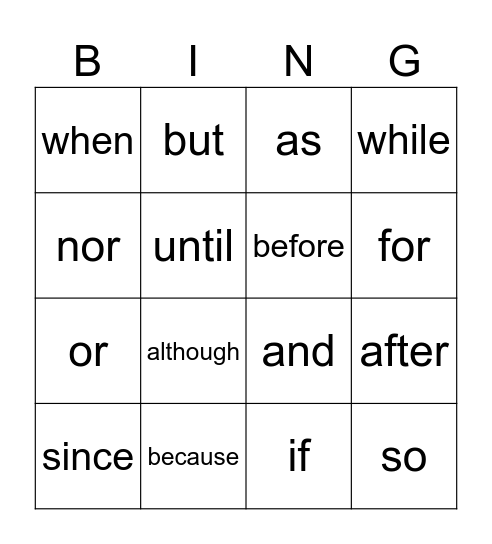 Conjunctions Bingo Card