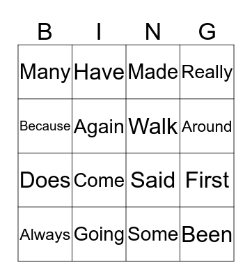 Sight Words Bingo Card