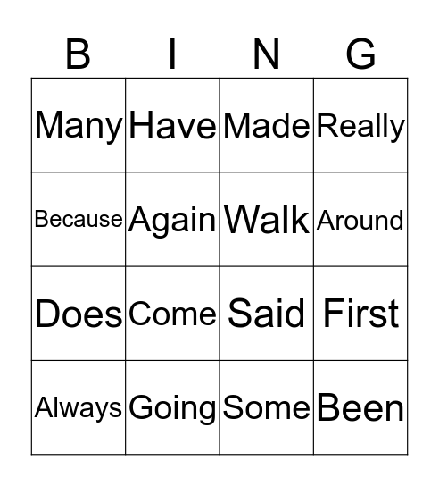 Sight Words Bingo Card