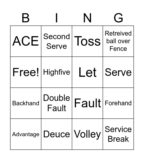 Tennis Bingo Card