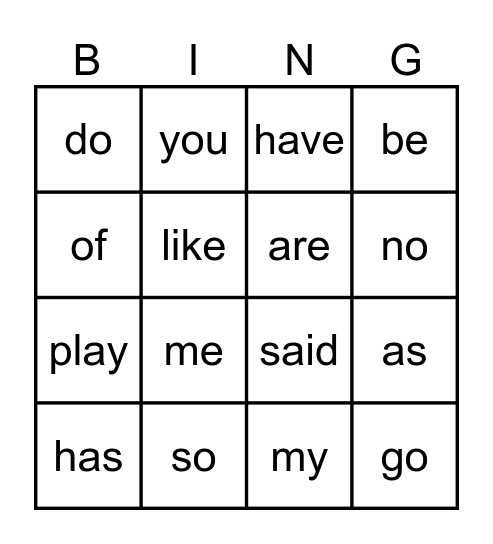 K Sight Word Bingo Card