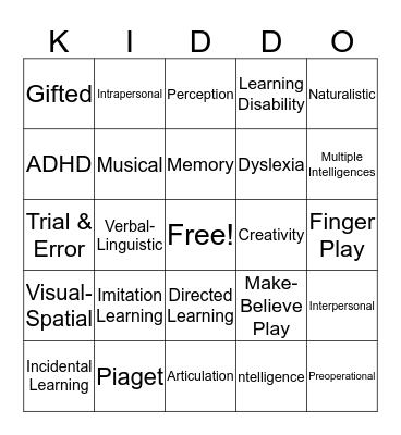 Intellectual Development Bingo Card