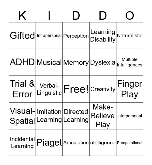 Intellectual Development Bingo Card