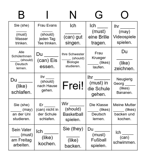 Bingo Modalverben Bingo Card