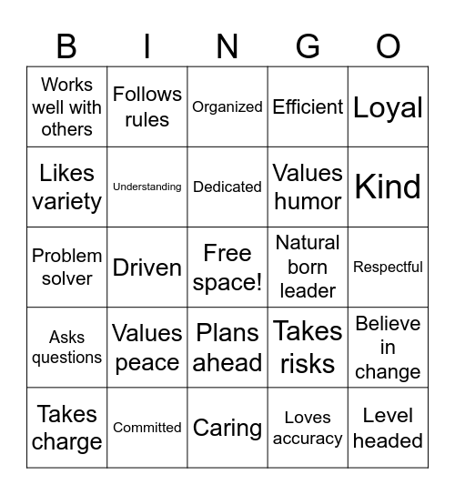 Personality Bingo Card