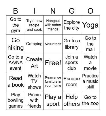 Fun recovery activity Bingo Card