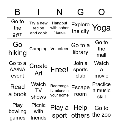 Fun recovery activity Bingo Card