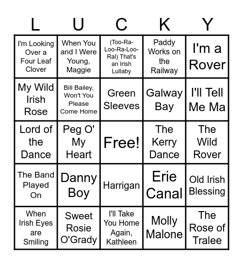 Irish Song Bingo Card