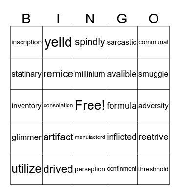 Vocabulary Bingo Card