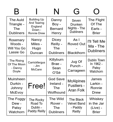 Irish Drinking Songs Bingo Card