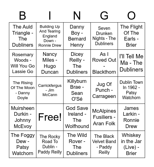 Irish Drinking Songs Bingo Card