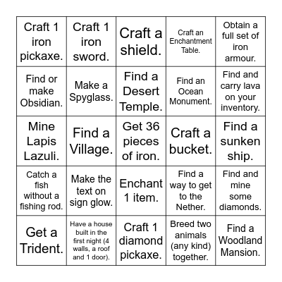 Minecraft NOOB Challenge Bingo Card