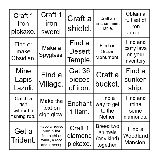 Minecraft NOOB Challenge Bingo Card