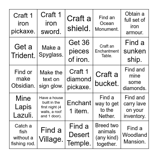 Minecraft NOOB Challenge Bingo Card
