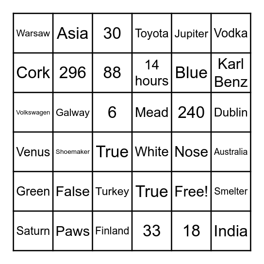 ECWARS TRIVIA BINGO Card