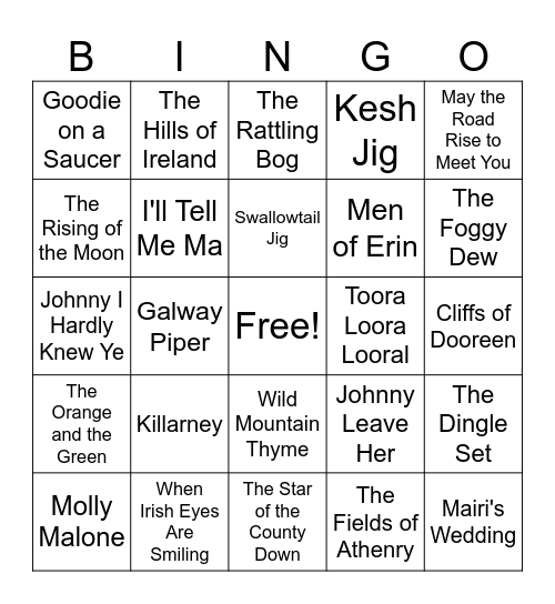 Irish Songs Bingo Card