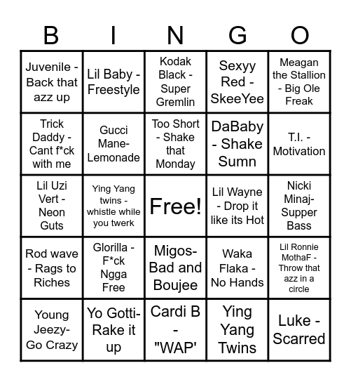 Trap Music Bingo Card