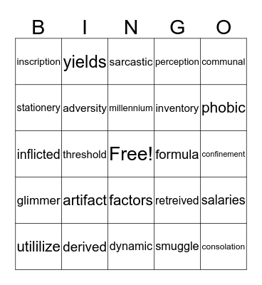 Vocabulary bingo Card