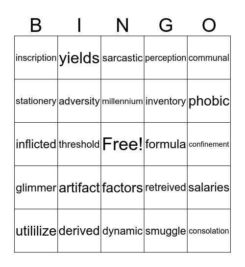 Vocabulary bingo Card