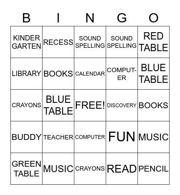 KINDERGARTEN BINGO! Bingo Card