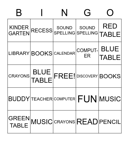 KINDERGARTEN BINGO! Bingo Card