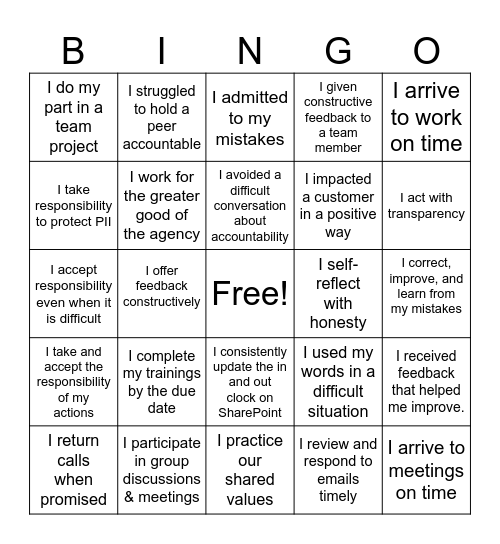 Accountability Bingo Card