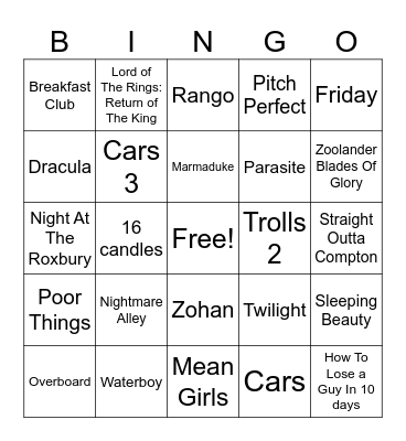 Get In Losers We're Doing Movie Night Bingo Card