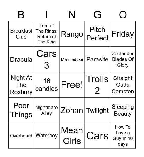 Get In Losers We're Doing Movie Night Bingo Card